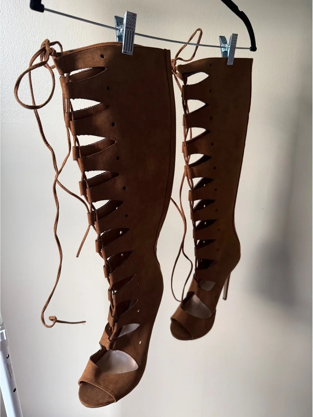 Brown Suede Lace-Up Peep Toe Knee-High Heeled Boots